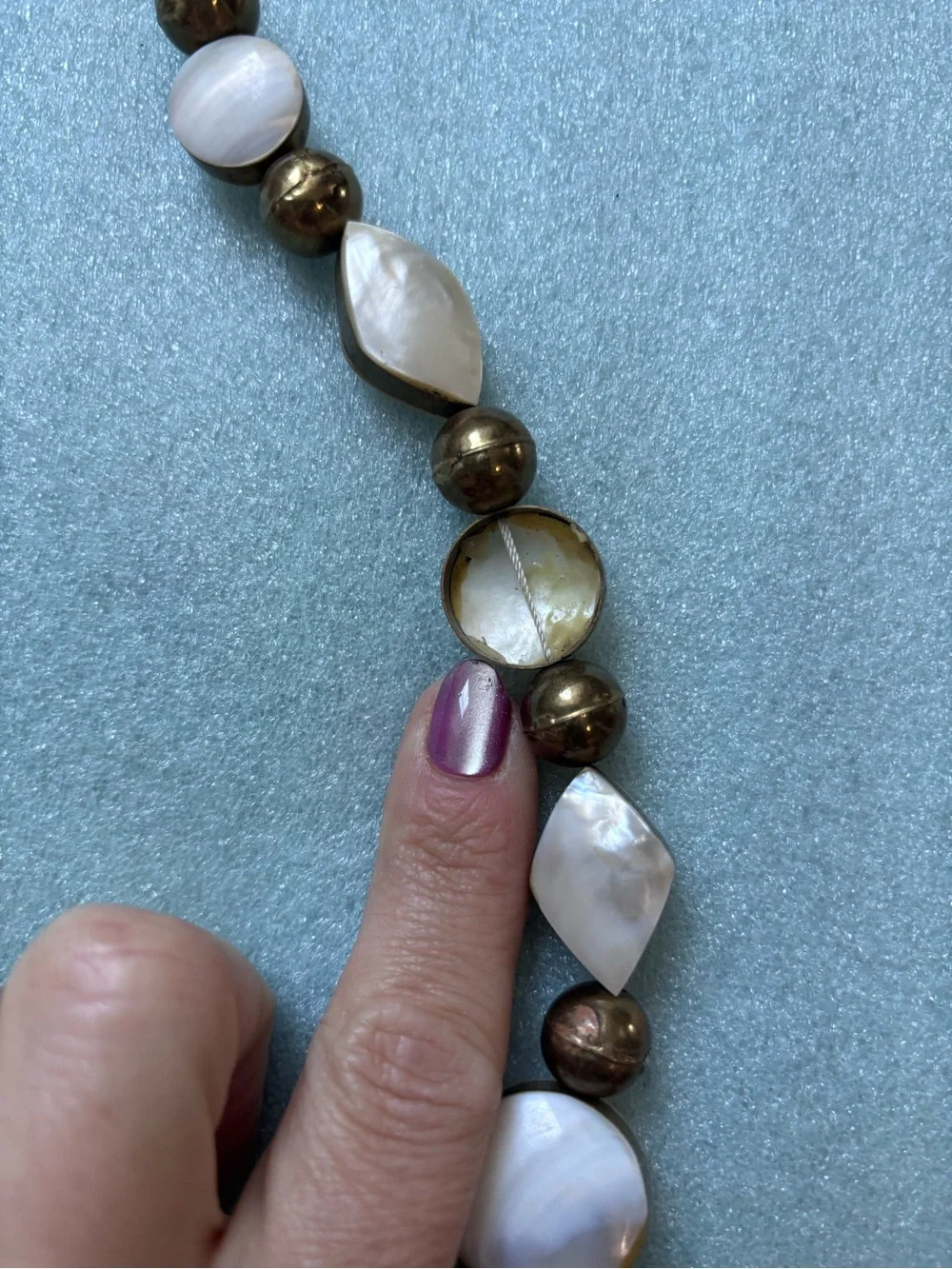 Mother of Pearl Shell & Bronze Tone Beaded Statement Necklace Vintage Boho Coast